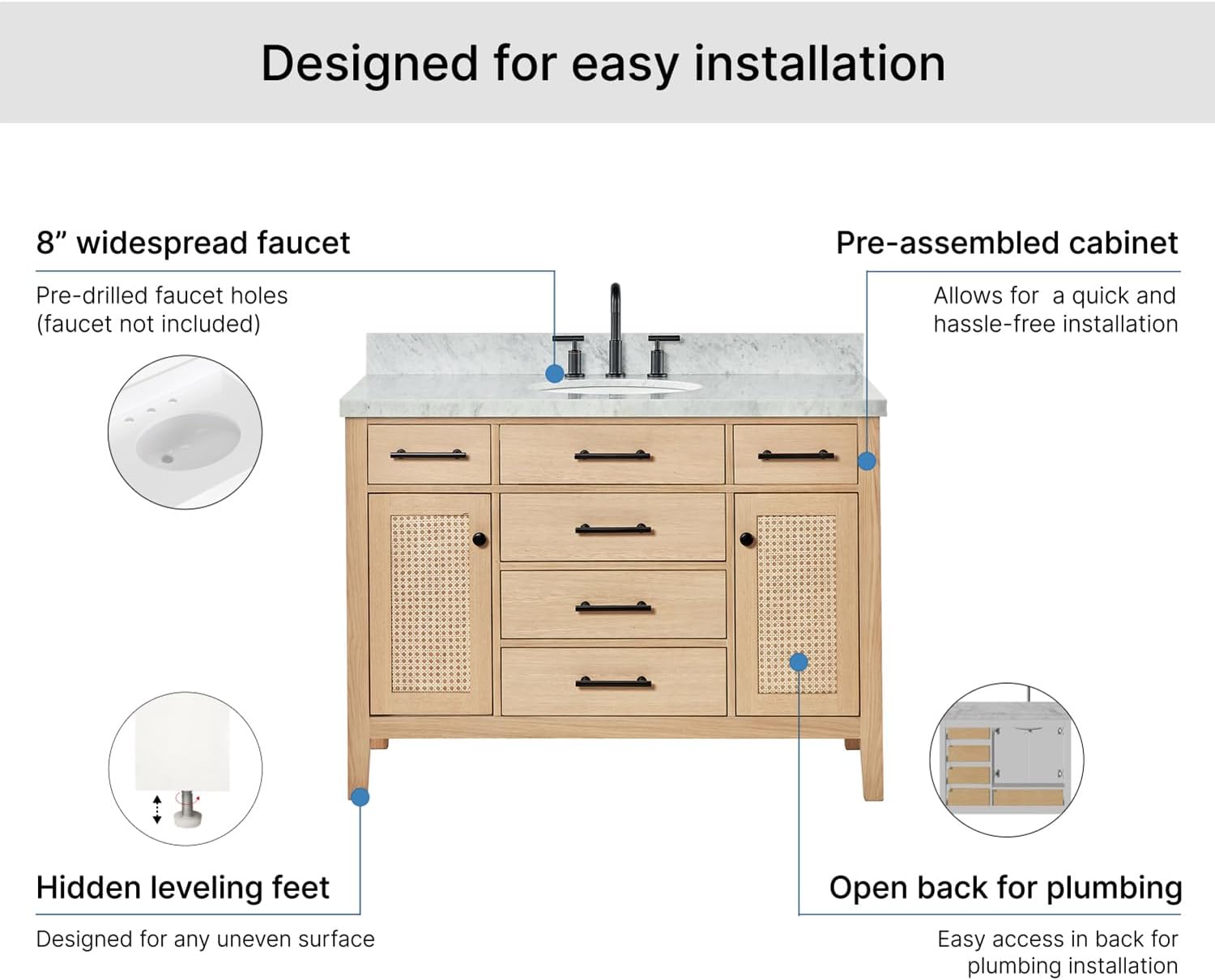 ARIEL Camila 48-inch Bathroom Vanity with Sink,Solid Wood, 1.5-inch Italian Carrara Marble Countertop & Backsplash, Single Oval Porcelain Sink, 2 Soft Closing Doors, 6 Dovetail Drawers, White Oak