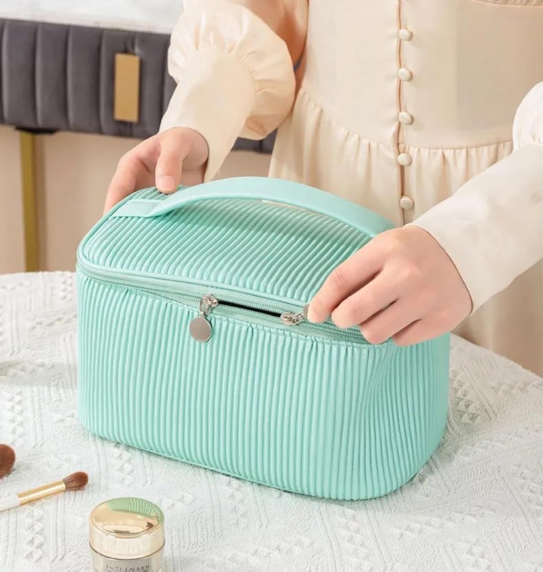 PU Leather Cosmetic Vanity Bag with Makeup Brush Holder