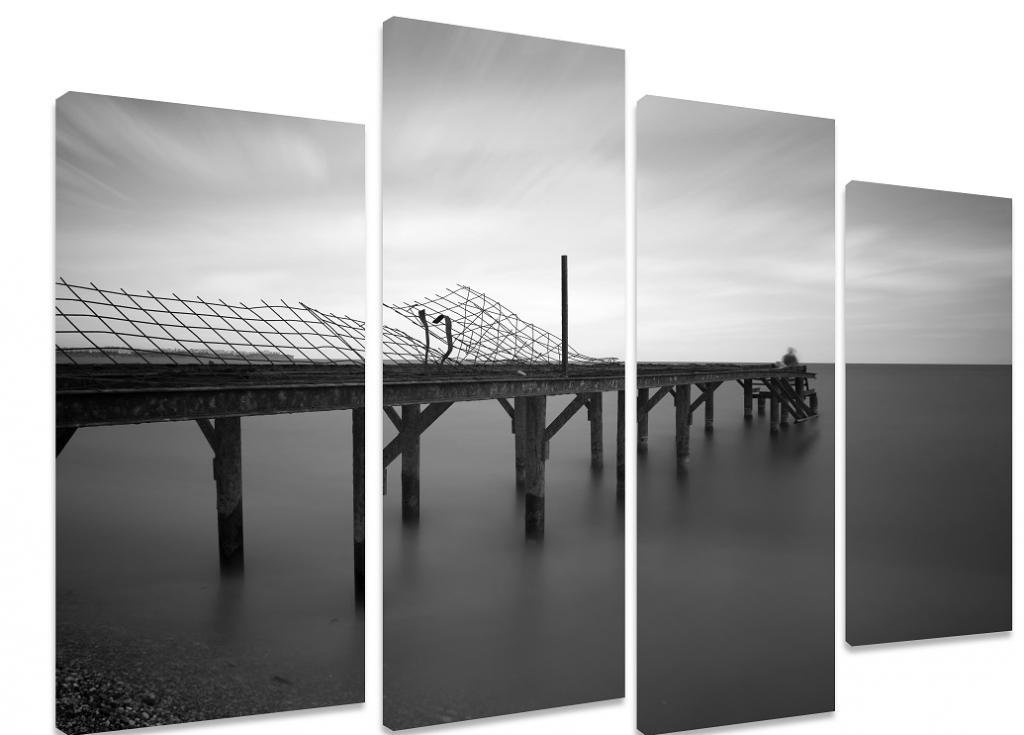 PICTURE - Multi Split Panel Canvas Artwork Art - Lonely Fisherman on Old Abandoned Pier Sea Ocean Grey Sky -ART Depot OUTLET - 4 Panel - 101cm x 71cm (40"x28")