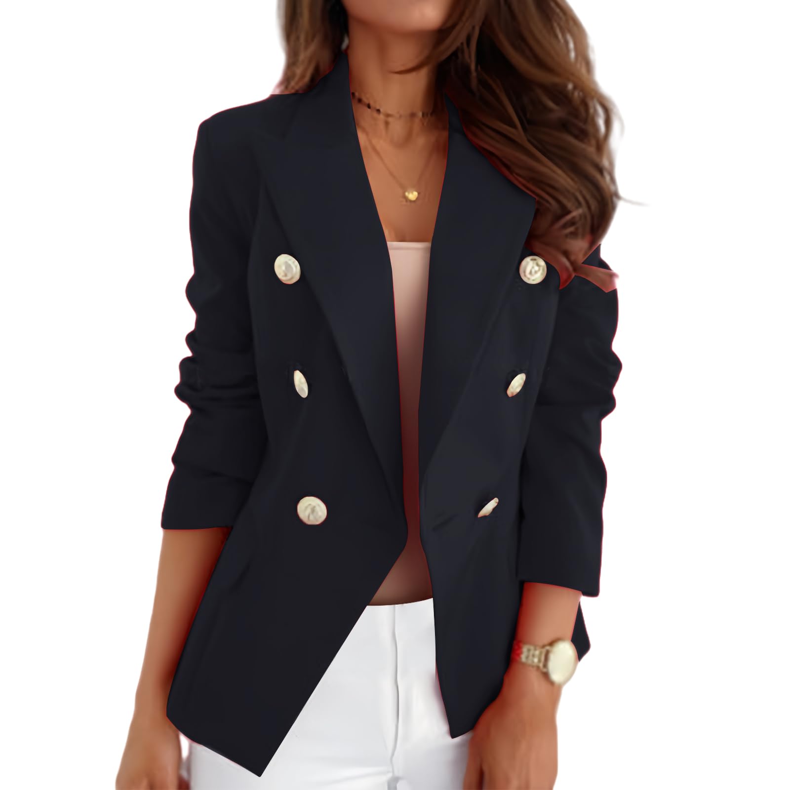 Casual Blazer for Women Trendy Long Sleeve Gold Button Work 0ffice Blazer Lapel Open Front Suit Jacket with