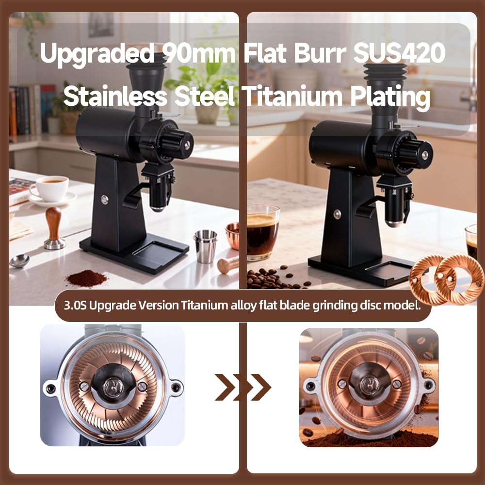 G290F-H Commercial Coffee Grinder, 90mm Titanium-Plated Flat Burrs, 700W All-Copper Motor, Aluminum Construction, Stepless Adjustment, Anti-Static Technology, Vertical Dosing for Espresso, EK-43