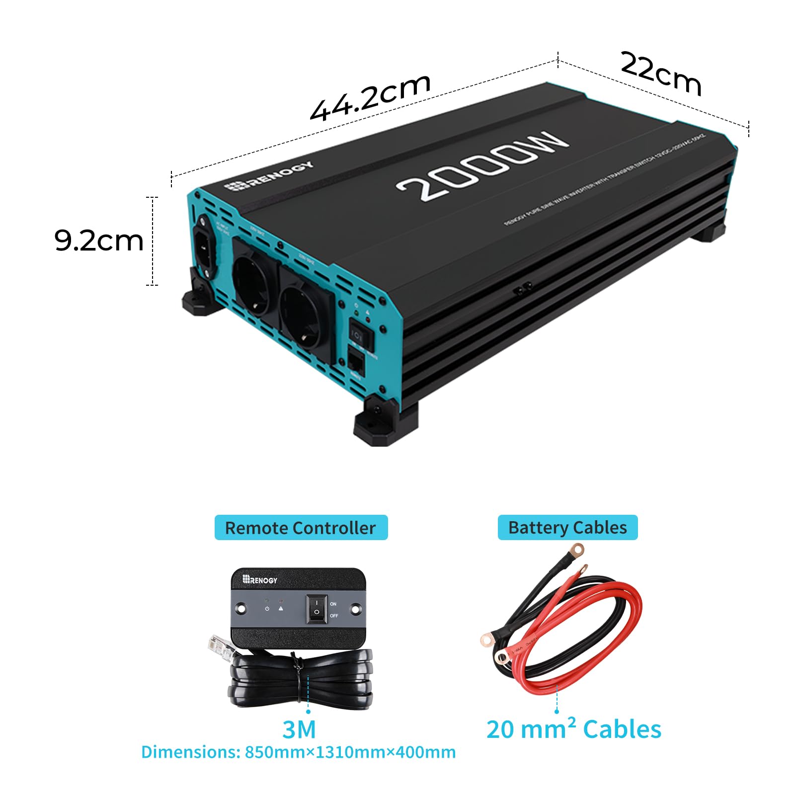 Renogy 2000W/4000W Power Inverter 12v 220v Onda Pura, DC 12V in AC 220V con 2 EU Presa & Telecomando trasformatore per Camper, Camion, Roulotte, Pannelli Solari, Picco 4000W