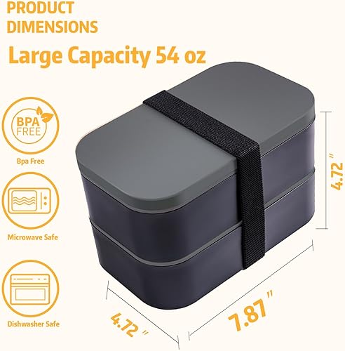 Miniatura 10 de Healfyya Lonchera japonesa Bento con bolsa, a prueba de fugas, con utensilios, apilables, incluye recipiente para salsa, 54 onzas, color blanco