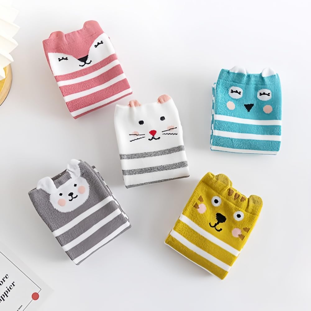 Lot de 5 paires de chaussettes hautes pour enfant fille - Chaussettes longues rayées - Chaussettes en coton - Chaussettes colorées sans couture - Chaussettes mignonnes - Caricature animal