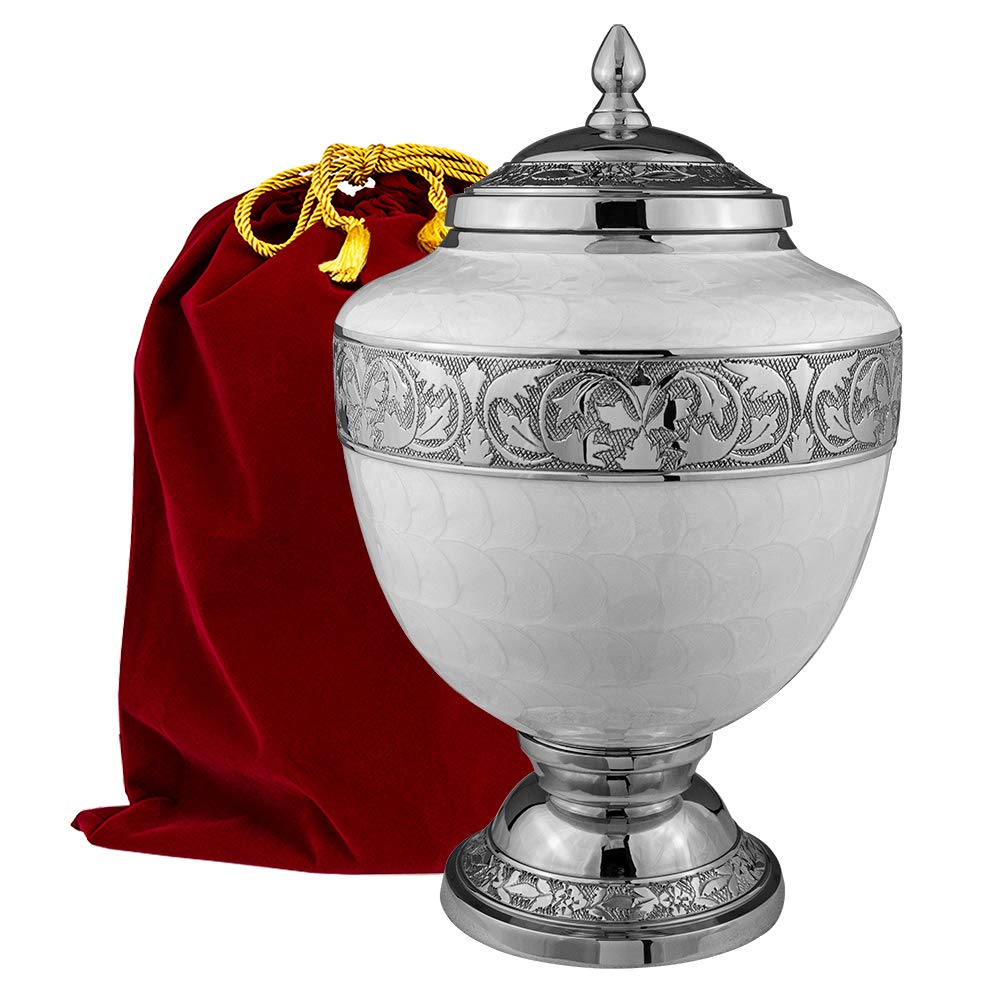 Trupoint Memorials Cremation Urns for Human Ashes, Decorative Burial Urn for Adult Men and Women, Large Chalice White with Silver Lining