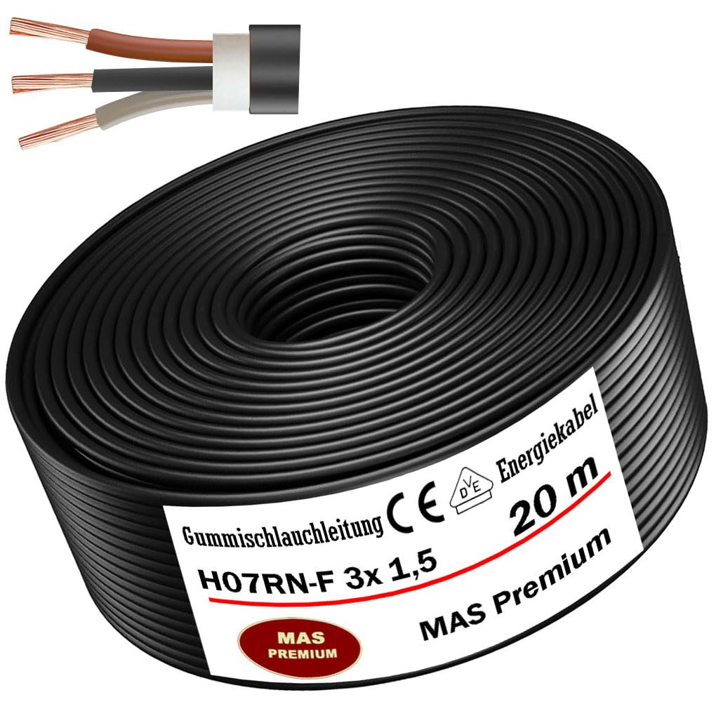 MAS Premium H07RN-F - Cable de manguera de goma flexible para dispositivos pesados (H07RN-F 3 x 1,5 mm², 20 m)