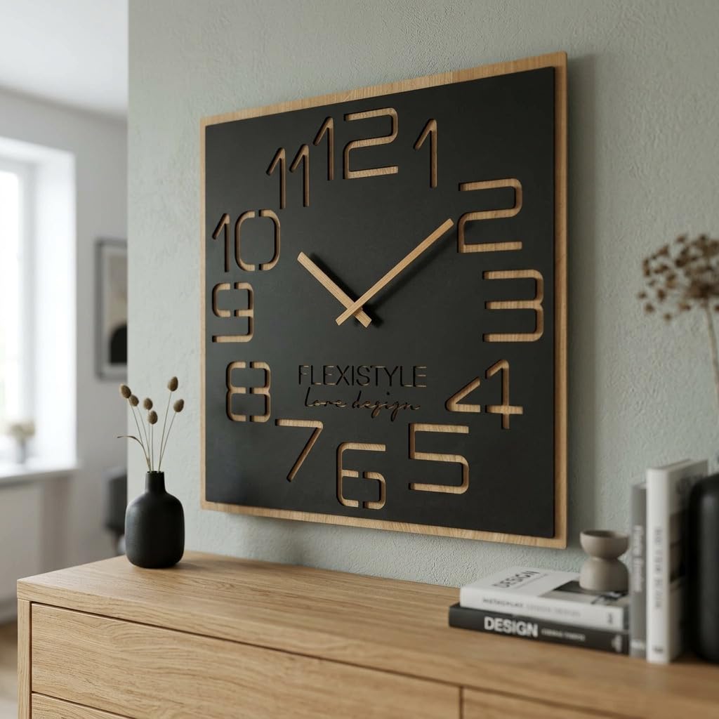 FLEXISTYLE Reloj de Pared Grande con Aspecto de Madera Digits Eco, Cuadrado, silencioso, salón, Dormitorio, (Negro, 60 cm)