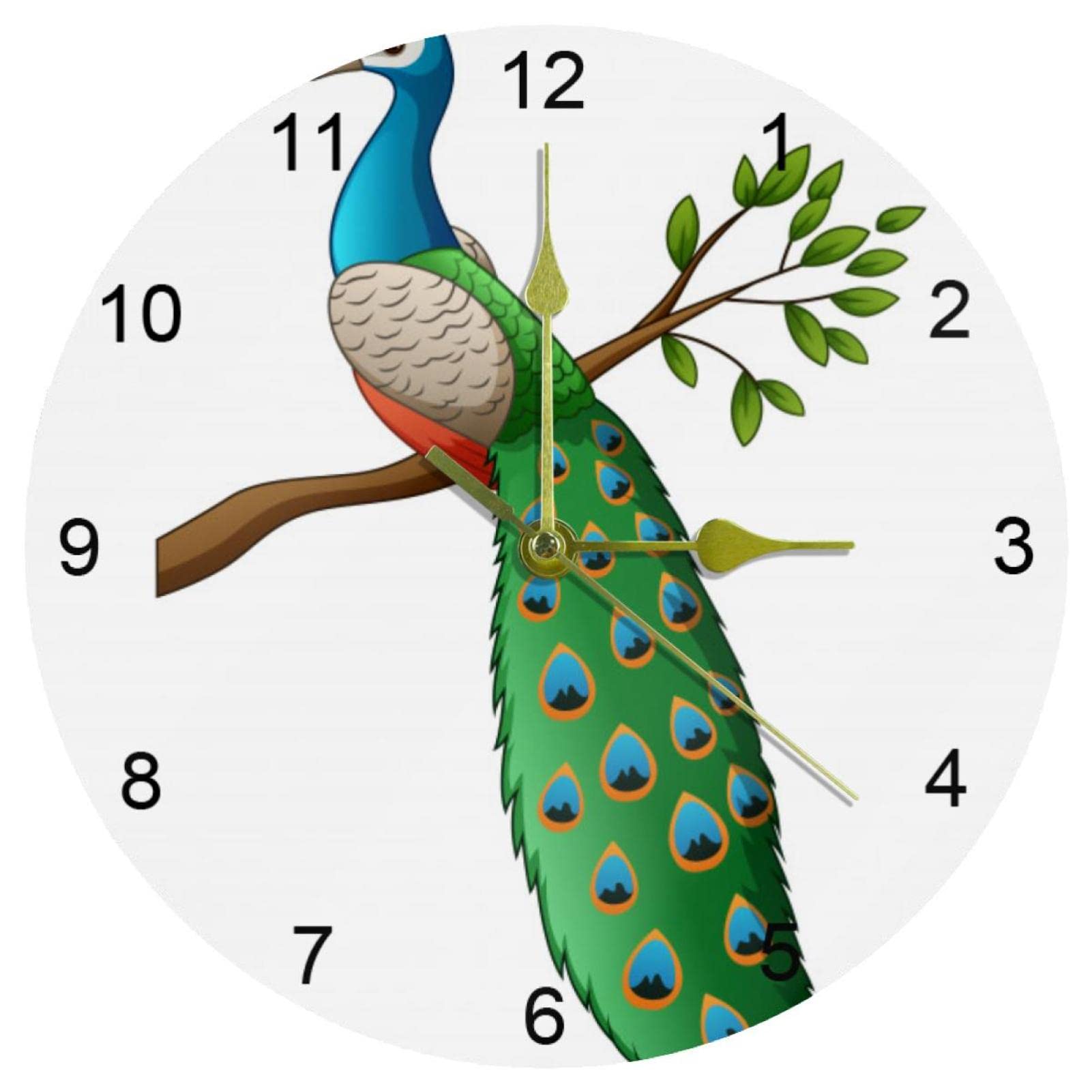 Horloge murale paon de 25,4 cm ronde et silencieuse pour salon