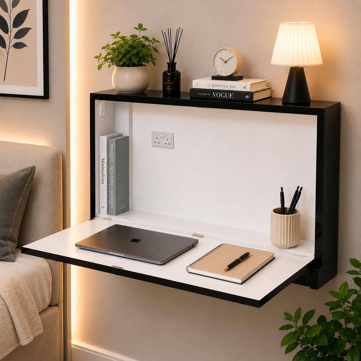 HIND INTERIORS Black & Gold Luxury Table (Not Engineered Wood/MDF) Solid Wooden Table - Wall Mounted Folding Study with Storage | Foldable for Home, O...