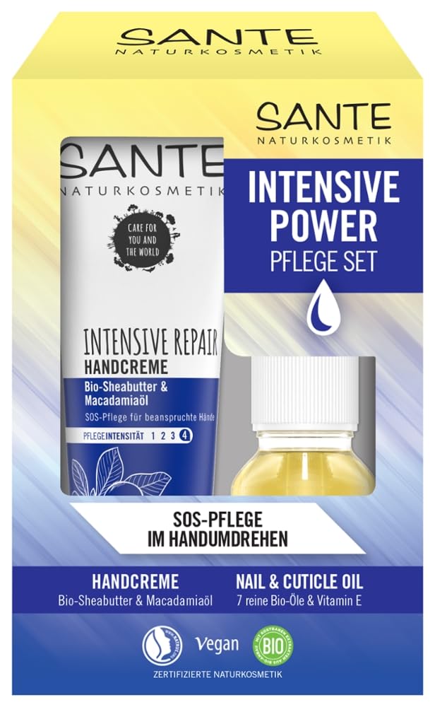 SANTE Naturkosmetik Intensive Repair Hand Care Set, Hand Cream with Shea Butter & Macadamia Oil + Nail & Cuticle Nail Oil with 7 Organic Oils, Intensive Care for Stressed Hands, 1 Set (75 ml & 15 ml)
