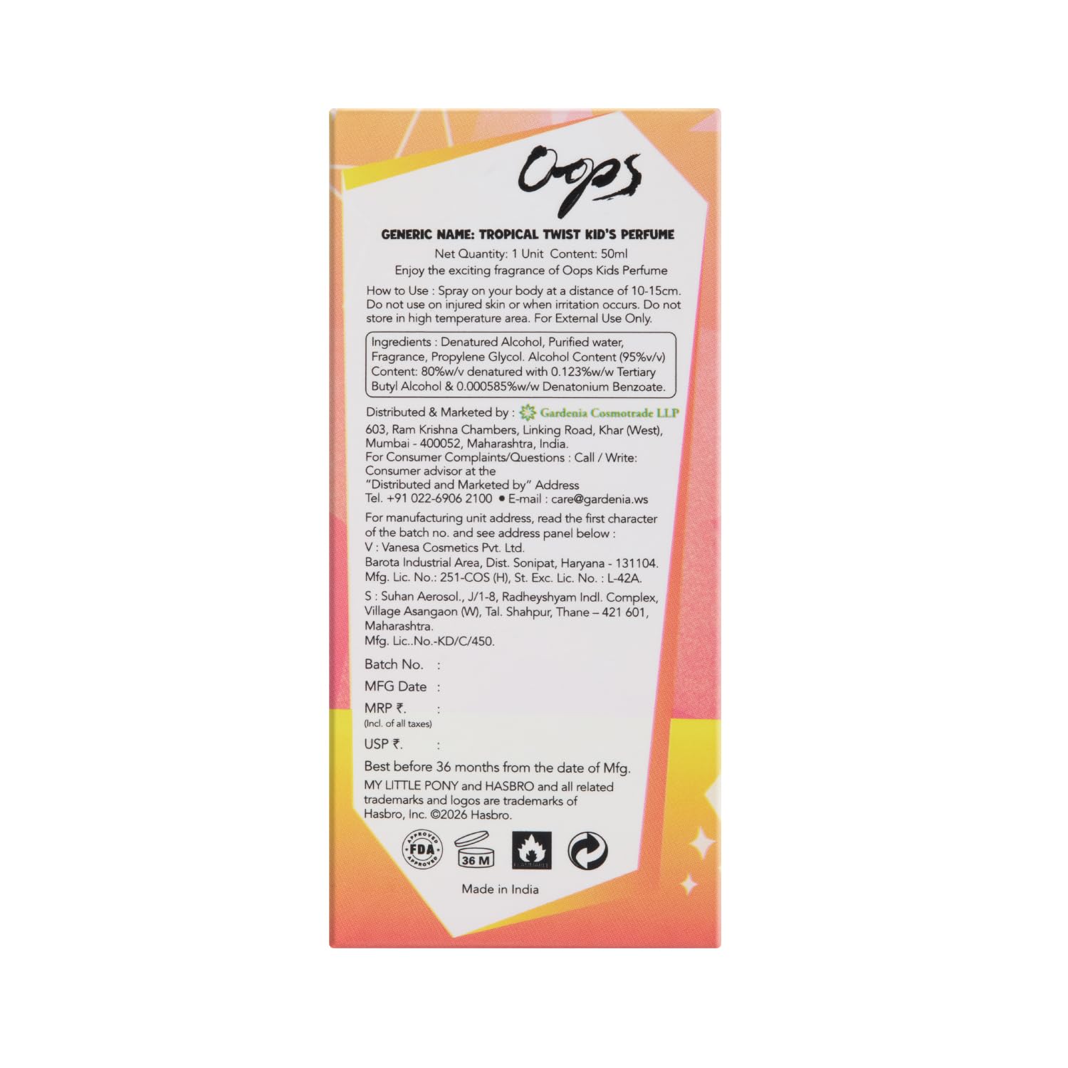 Oops My Little Pony Eau De Parfum 50ml | Sunny's Tropical Twist | Kids Perfume | Long Lasting Scent with Fruity Fragrance 1