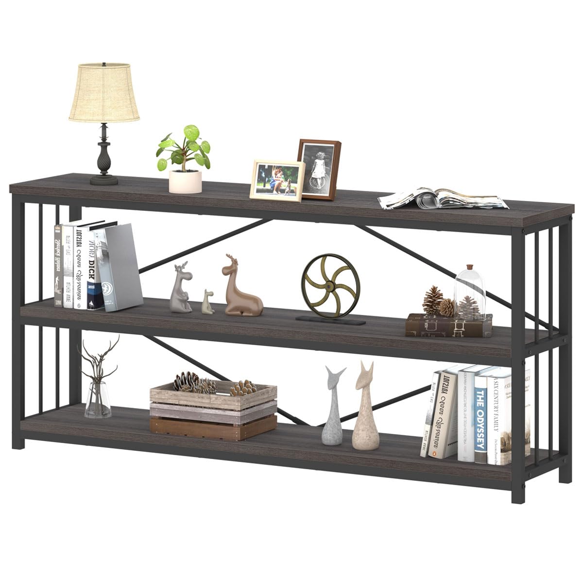 IBF Wood and Metal Book Shelf, Industrial Rustic Low 3 Tier Bookshelf, Farmhouse Long Wide Vintage Horizontal Bookcase, Modern Large Open Etagere for Home Office Living Room Bedroom, Gray Oak, 63 Inch