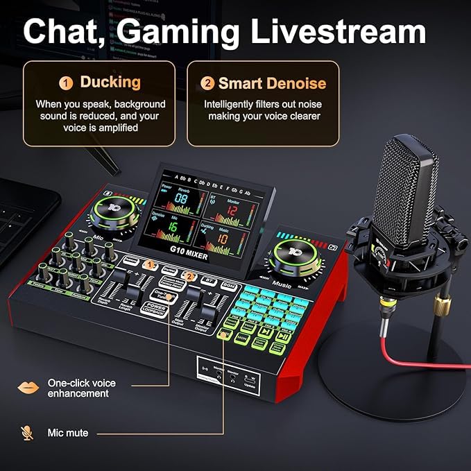 Image of Podcast Equipment Bundle Audio Mixer with Studio Condenser Microphone, Live Sound Card Audio Mixer Interface, Sound Board, Sound Card with Voice Changer Denoise for PC Recording Gaming Podcasting