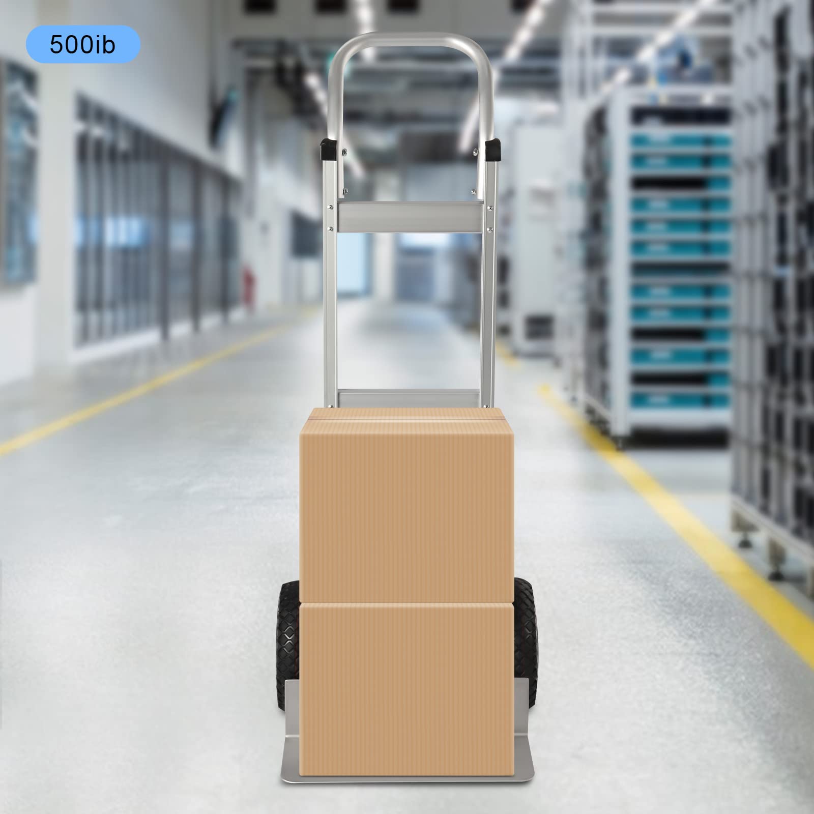 PIAOCAIYIN 440lbs/500lbs Aluminum Alloy Hand Truck Cart, Heavy Duty Dolly w/ 9.8 Inch Solid Rubber Wheels, Transport Tool for Warehouses, Supermarkets, Silver (500lbs)