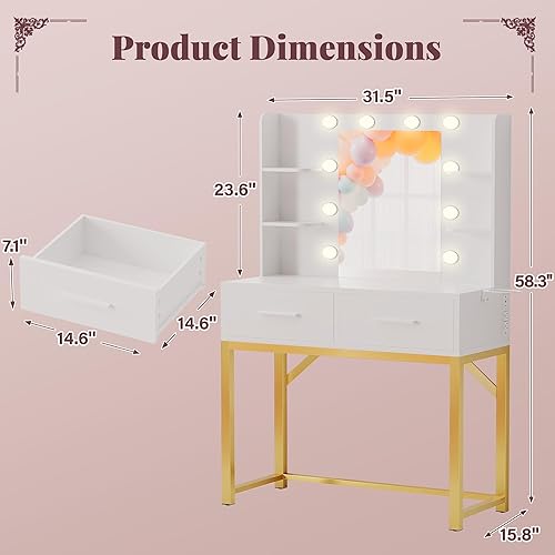 Miniatura 9 de Furmax Tocador con Espejo y Bombilla LED, Mesa Pequeña de Maquillaje con Cajones, Mesa de Vestir con Enchufe Eléctrico y Soporte para Secador de