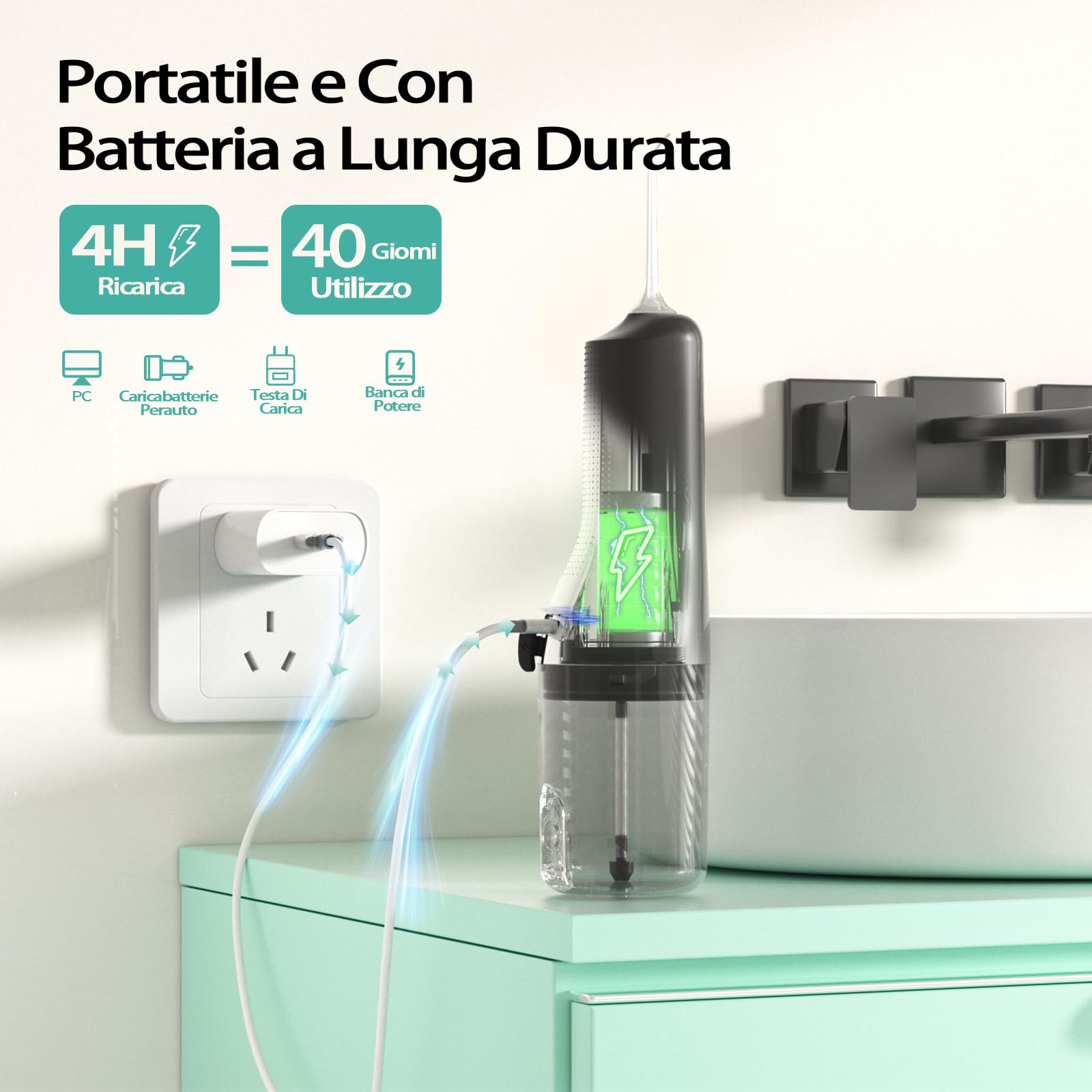 Idropulsore Dentale Portatil, Irrigatore Orale Senza Fili 4 Modalità e 5 Ugelli Ricambio, Water Flosser per Pulizia Giornaliera e Pulizia Profonda, Water Flosser Adatto per Viaggi e Uso Domestico