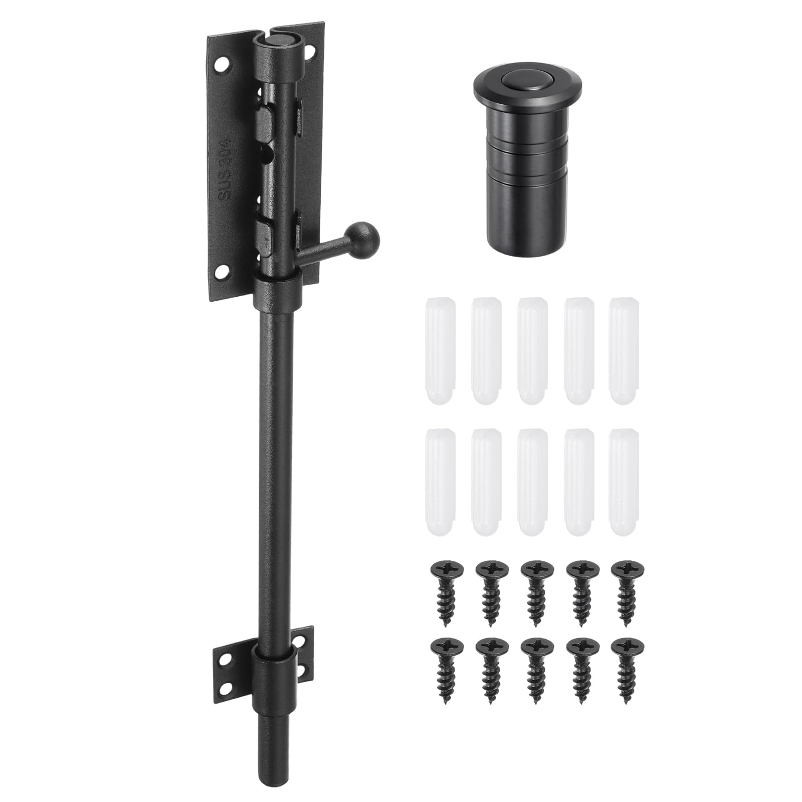 sourcing map 1-Pack Slide Bolt Latch, 12 in 304 Stainless Steel Barrel Bolt Latch Heavy Duty Door Latches Lock 12mm Dia Bar with Dust Container for Barn Wooden Fence Shed Door [Black]