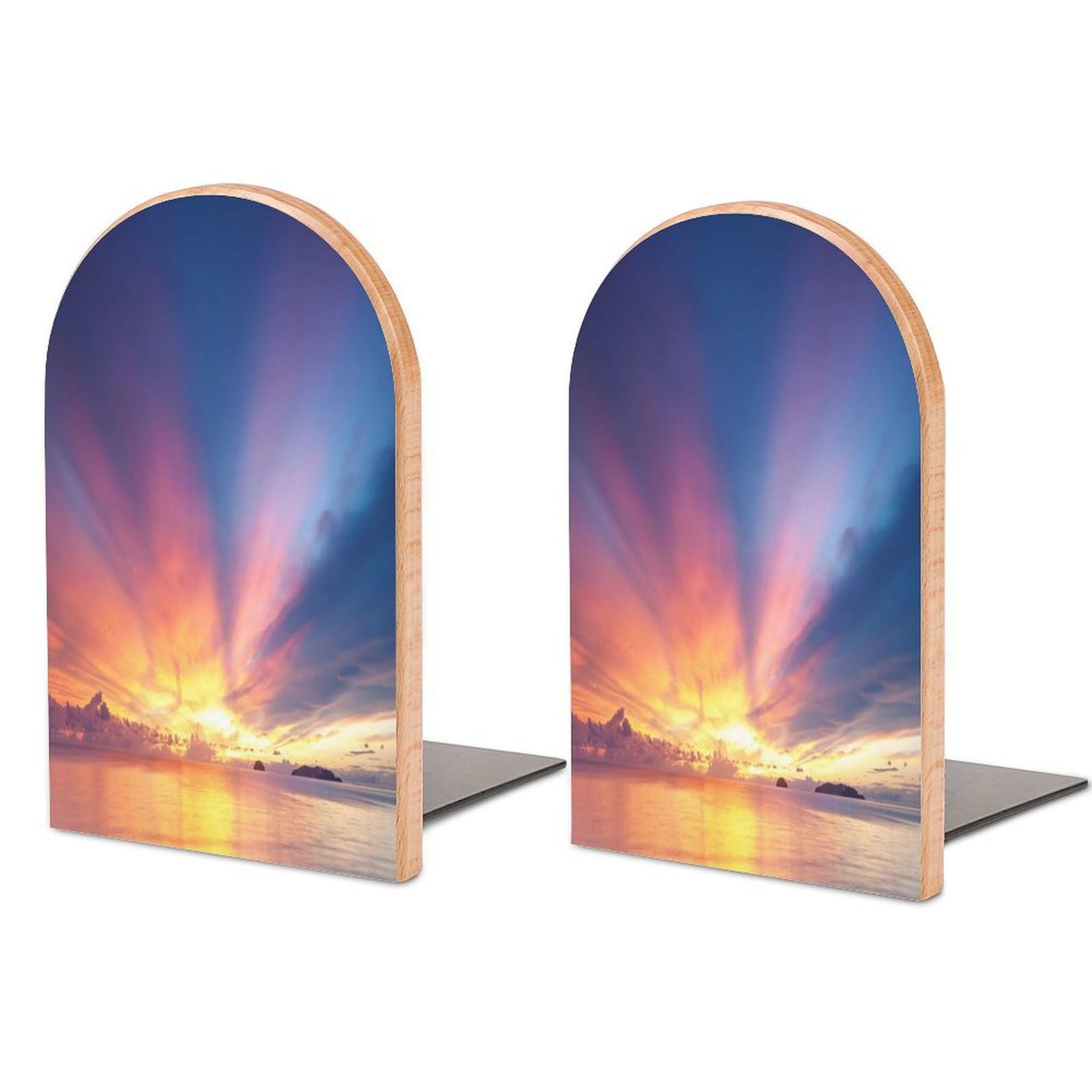 Sunset Sky Sunrise Dawn Beech Wood Bookends Heavy Duty Book Organizers Desktop File Holder for Office Home Bookshelf