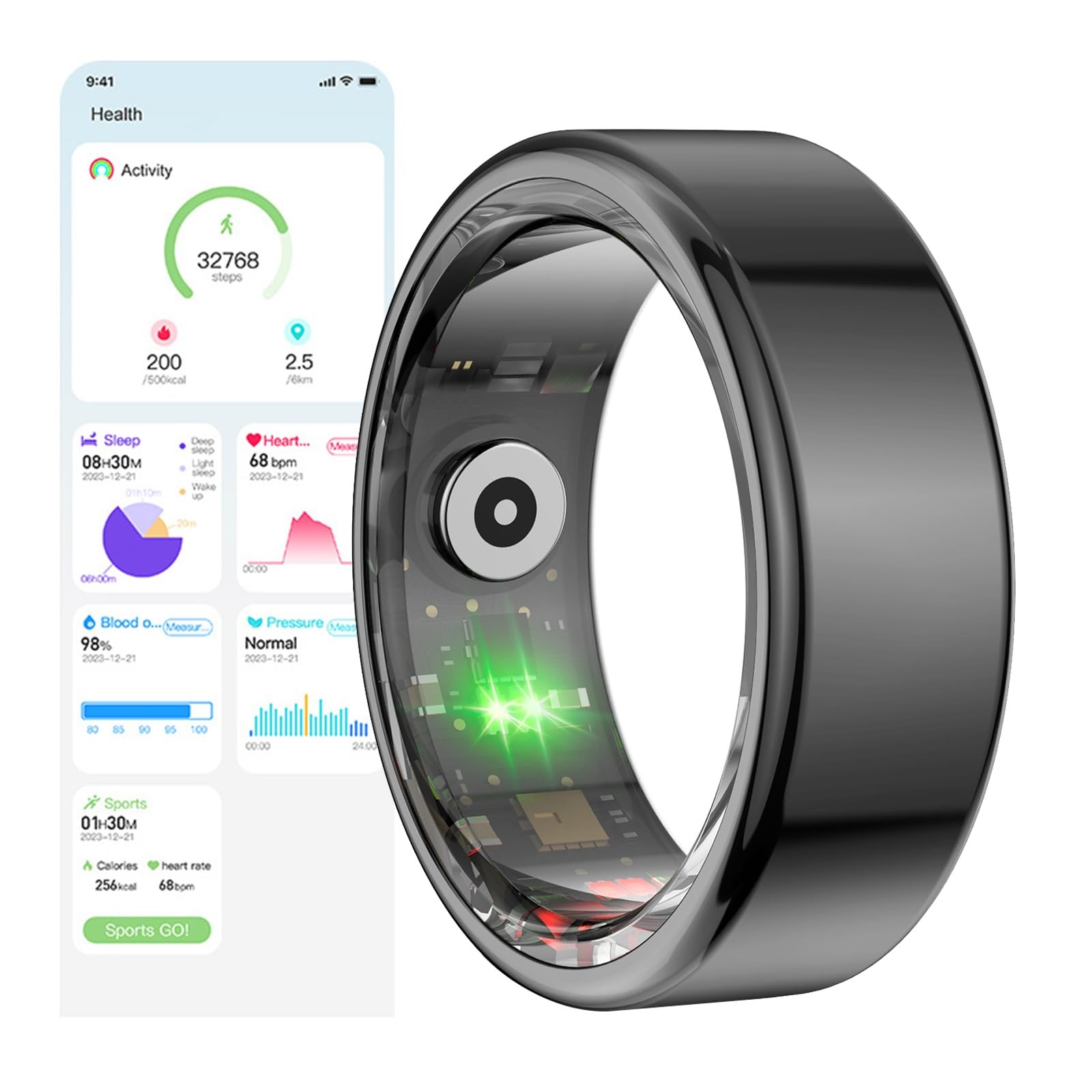 Smart Ring Health Tracker, Health Ring Smart Rings with 24/7 Heart Rate, Blood Oxygen and Sleep Tracking, IP68 Waterproof Fitness Activity Tracker Ring for Women & Men ( Color : Black , Size : 10 )