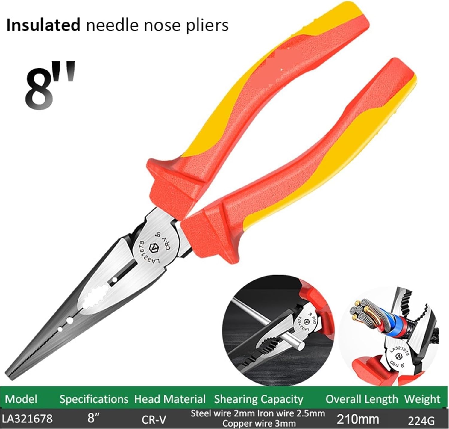 1PCS Needle Nose Pliers 6'' 8'' Insulated and Labor Saving Insulated Rubber Coated Handle Electrician Hand(LA321678)