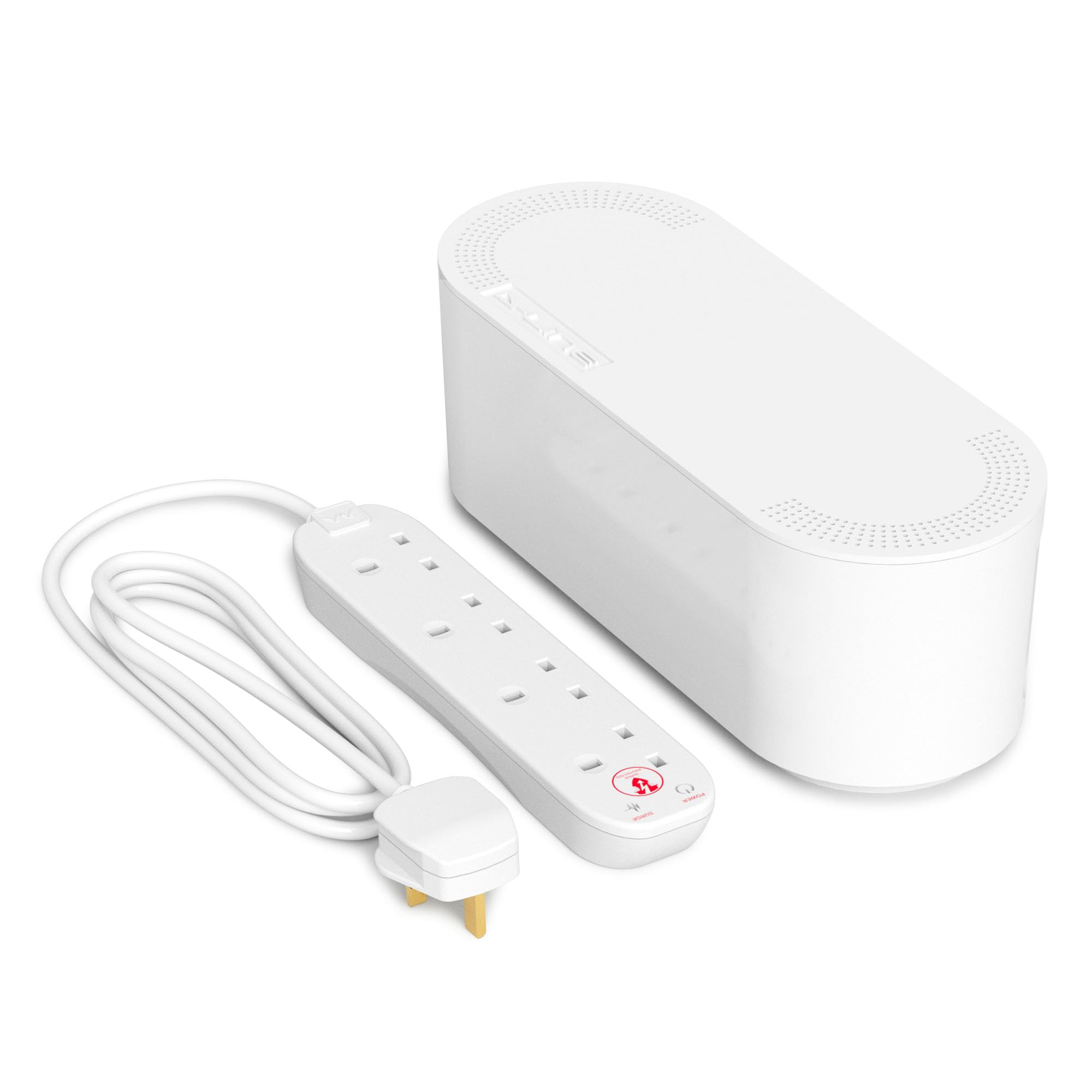 D-Line Cable Tidy Box with 4 socket 2m Extension Lead 13amp Surge Protected, Cable Management Solution, TV Wire Tidy, Desk Cable Organiser - Small, White