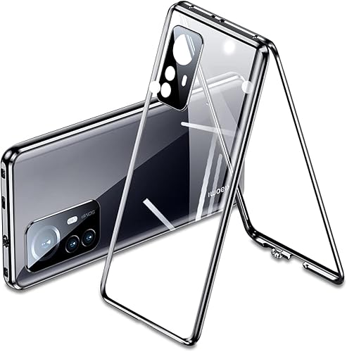 QUIETIP Funda compatible con Xiaomi 12 y Xiaomi 12X, marco de metal magnético de cuerpo delgado, vidrio templado transparente de doble cara, a