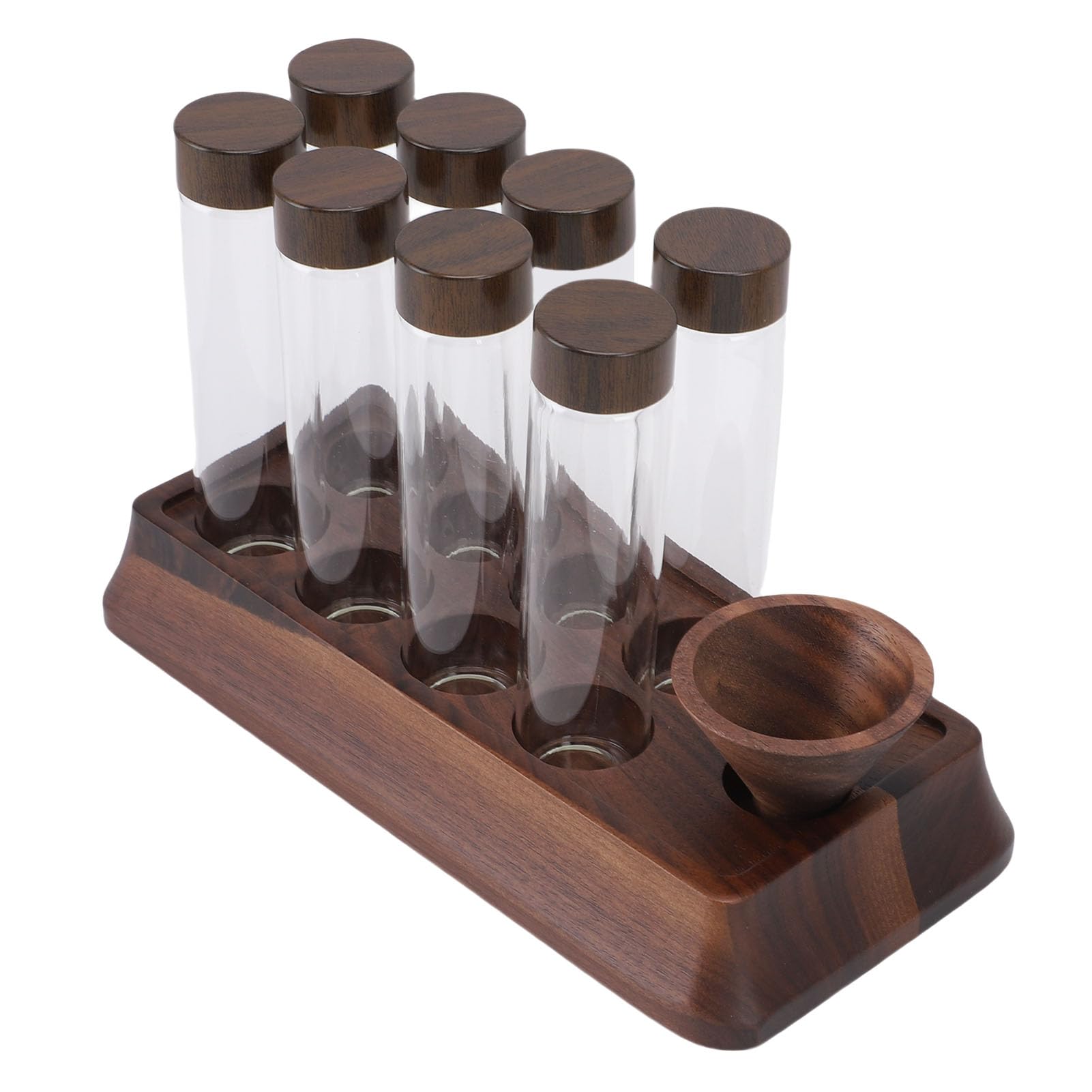 Acouto Kaffeebohnen-Aufbewahrungsröhren mit Ständer aus Walnussholz – luftdicht. 8 Stück Glas-Dosierbehälter für Kaffeebohnen-Aufbewahrungsröhren, Glas-Kaffeebohnenbehälter, Luftdichte Behälter mit