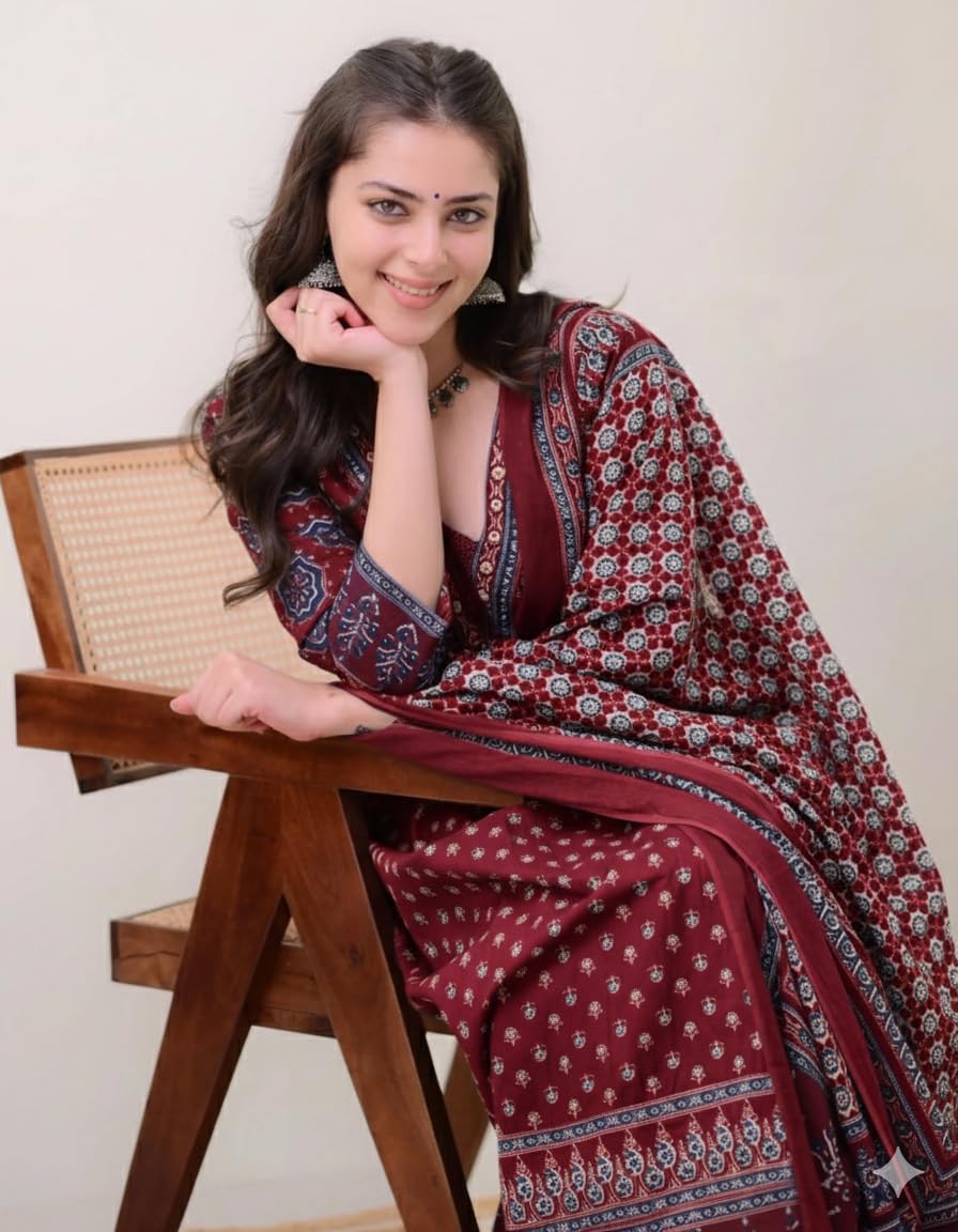 KLOSIA Women Printed Anarkali Kurta and Pant Set with Dupatta Maroon