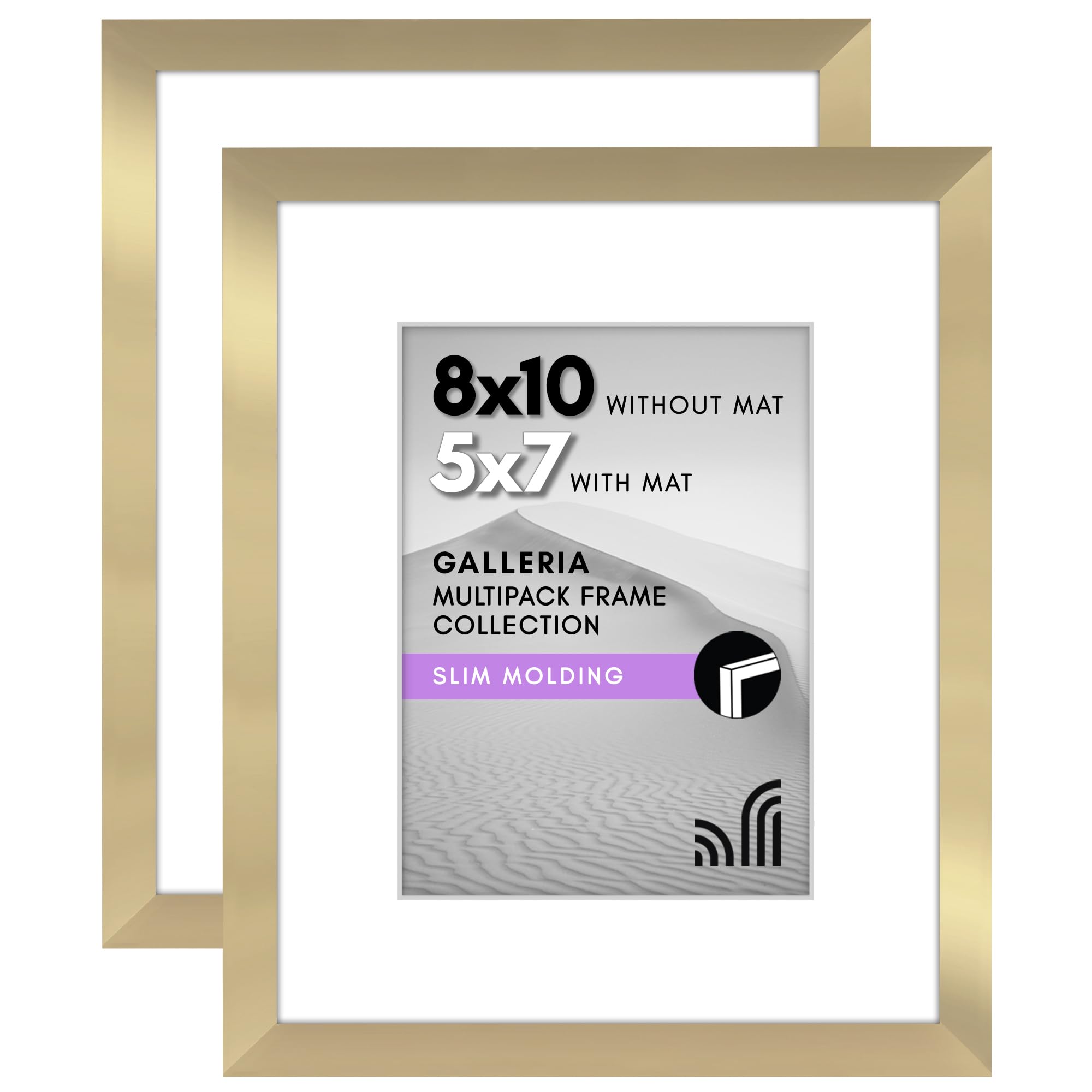 Americanflat 8x10 Picture Frame with Polished Plexiglass - Set of 2 - Use as 5x7 Frame with Mat or Display 8x10 Photo Without Mat - Galleria Collection - Picture Frames for Tabletop and Wall - Gold