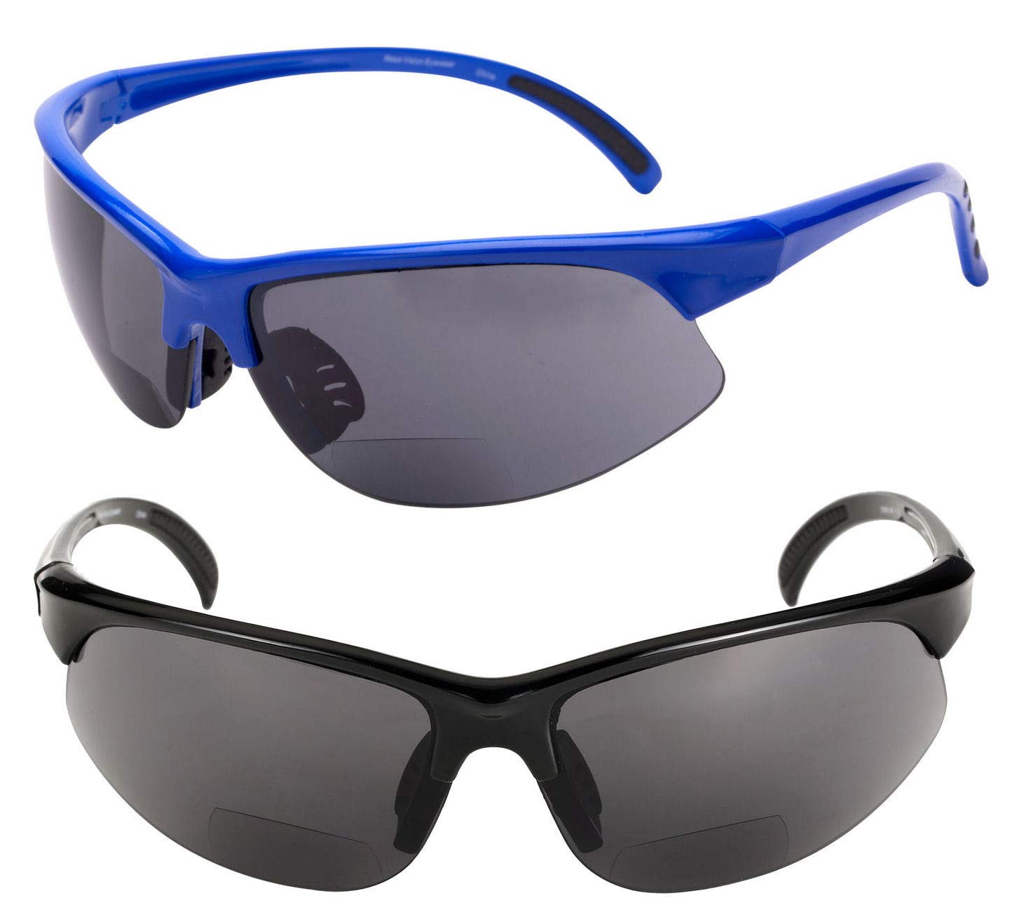 Mass Vision 2 Pair of Unisex Bifocal Sport Wrap Sunglasses - Outdoor Reading Sunglasses (Black/Blue, 2.5)