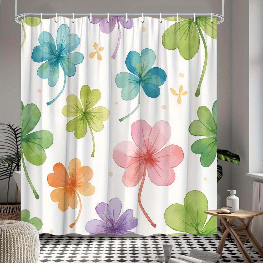 GLWDMB 1 Piece 180x200CM Watercolor Four-Leaf Clovers Printed Shower Curtain With Hook, Polyester, for Windows And Walls, Bathtub, Bathroom, Machine Washable, All Season Universal