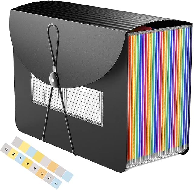 File Organiser 24 Pockets Extra Capacity Folders for Paperwork A4 having Flexible Cord, Document Organiser, A4 Expanding File Folder, Filing Folder with Lid and Colour Labels Rainbow Files and Folders