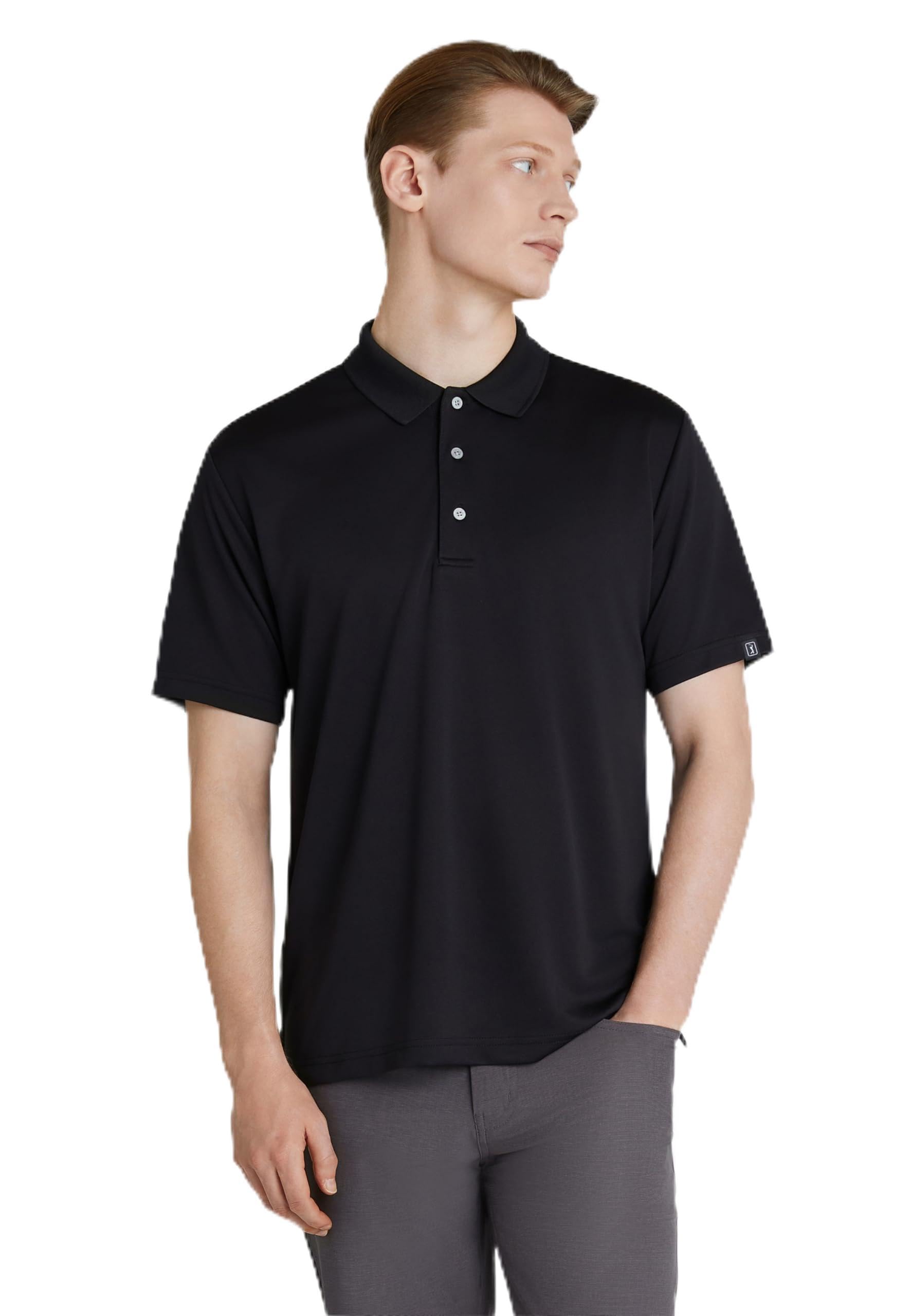 PGA TOUR - Men's Golf Polo Shirt, Airflux Solid Mesh Polo, Breathable, Short Sleeve, Natural Stretch, Regular Fit, Caviar, M