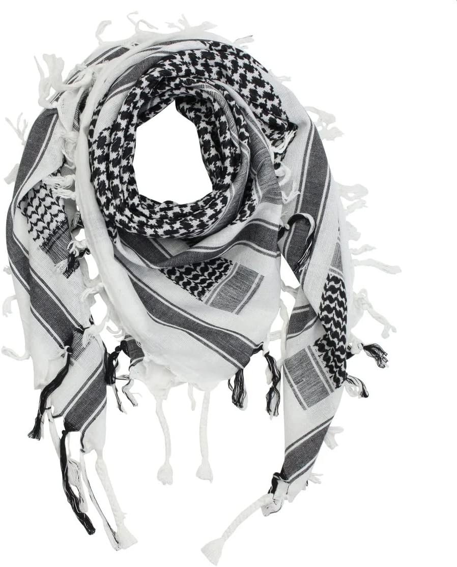 N15 Shemagh Scarf Military Tactical Desert Keffiyeh Scarf Head Neck Scarf Bandana Cotton Colorful Arab Scarves Wrap with Tassel for Men & Womenâ€¦ (White Black)