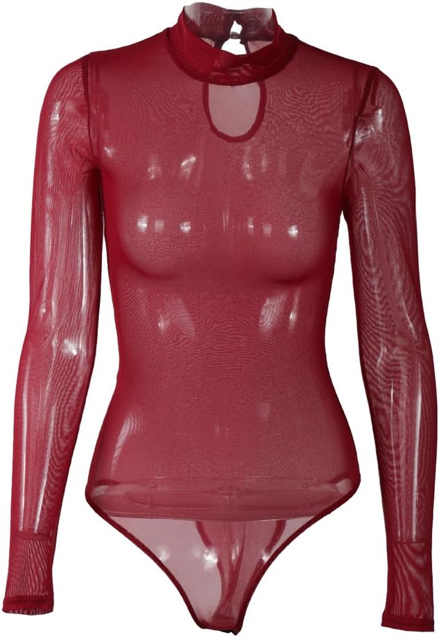 NiSengs Women Clubwear Long Sleeves Stretch Sheer Mesh See Through Jumpsuit Bodysuit Tops Leotard Transparent Blouse Wine Red S
