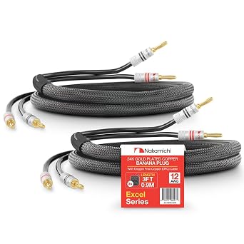 Nakamichi Excel Series 24k Gold Plated Banana Plug with 3 Feet Speaker Cable Wire 99.9% Oxygen-Free Copper OFC Heavy Duty Braided in-Wall CL2 Rated - Black 12AWG / 3ft / 0.9m 2-Pack