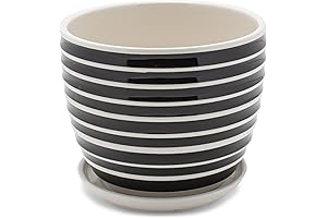 Striped Ribbed Ceramic Black and White Planter with Saucer