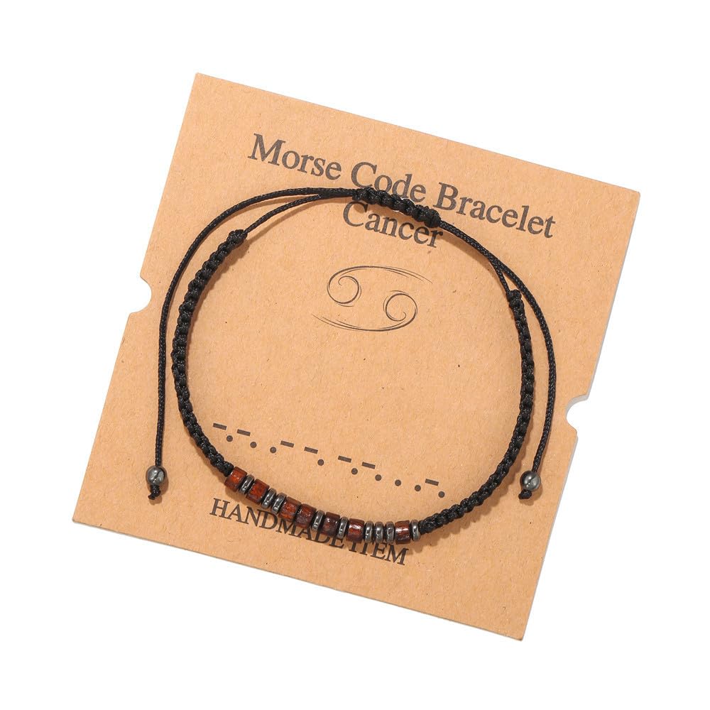 RINTOLER Morse Code Bracelet for Women and Men 12 Constellations Bracelet Creative Coffee Color Wood Beaded Card Couple Bracelet