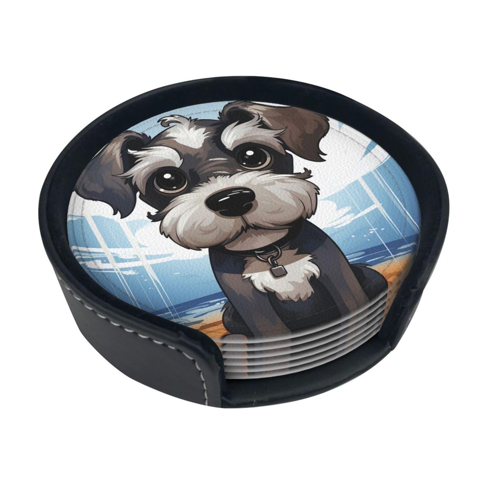 Fodpand White Adorable Schnauzer Drink Coasters Set Of 6 Leather Coasters With Holder Bar Beer Beverage Coaster For Drinks, Absorbent Cup Mat For Tabletop Protection, Housewarming Gift