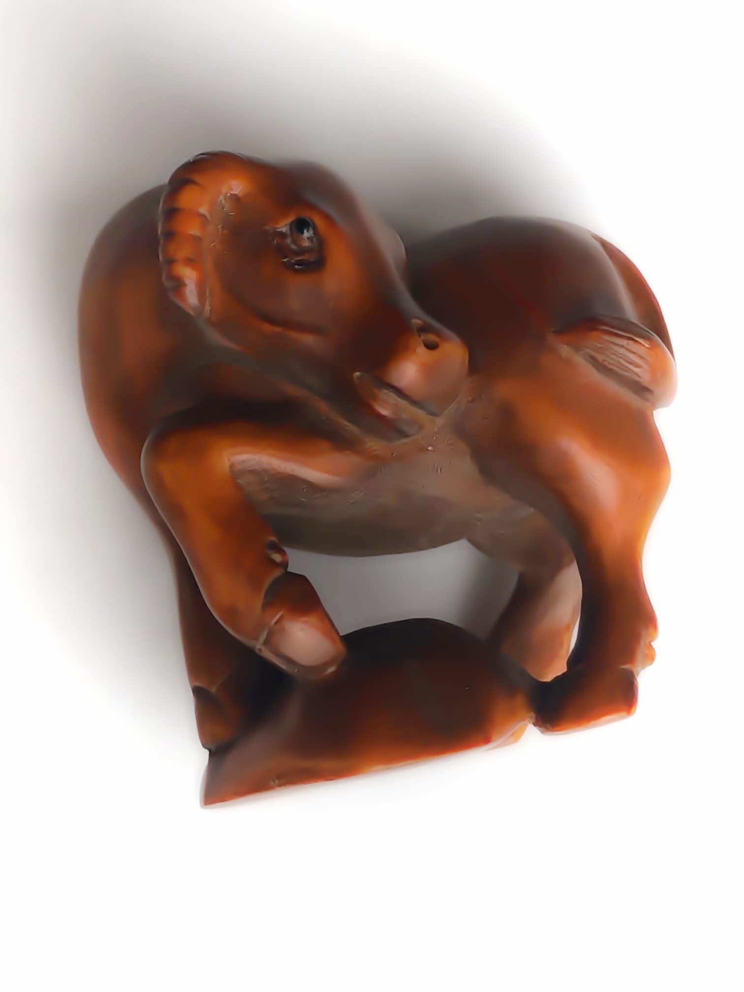 ARTCORE -2" Boxwood Handcarved Netsuke, A Turn Around Cow Standing on a Stone, Brown