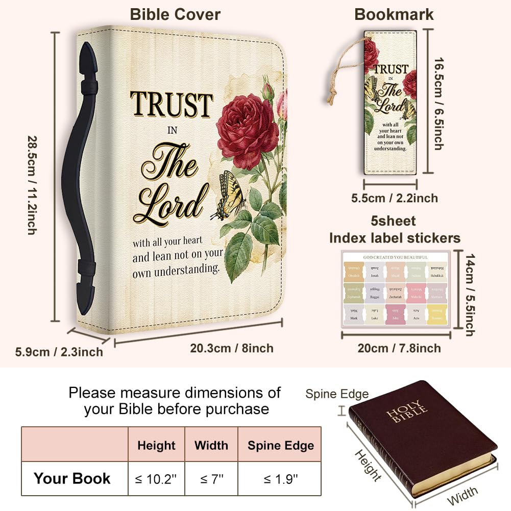 Hobbspring Bible Holder Case for School Office June Rose Bible Protective with Handle Bookmark Trust in The Lord Bibles Cover with Zipper and Label Stickers for Students Adults PU Leather Bag - Image 2