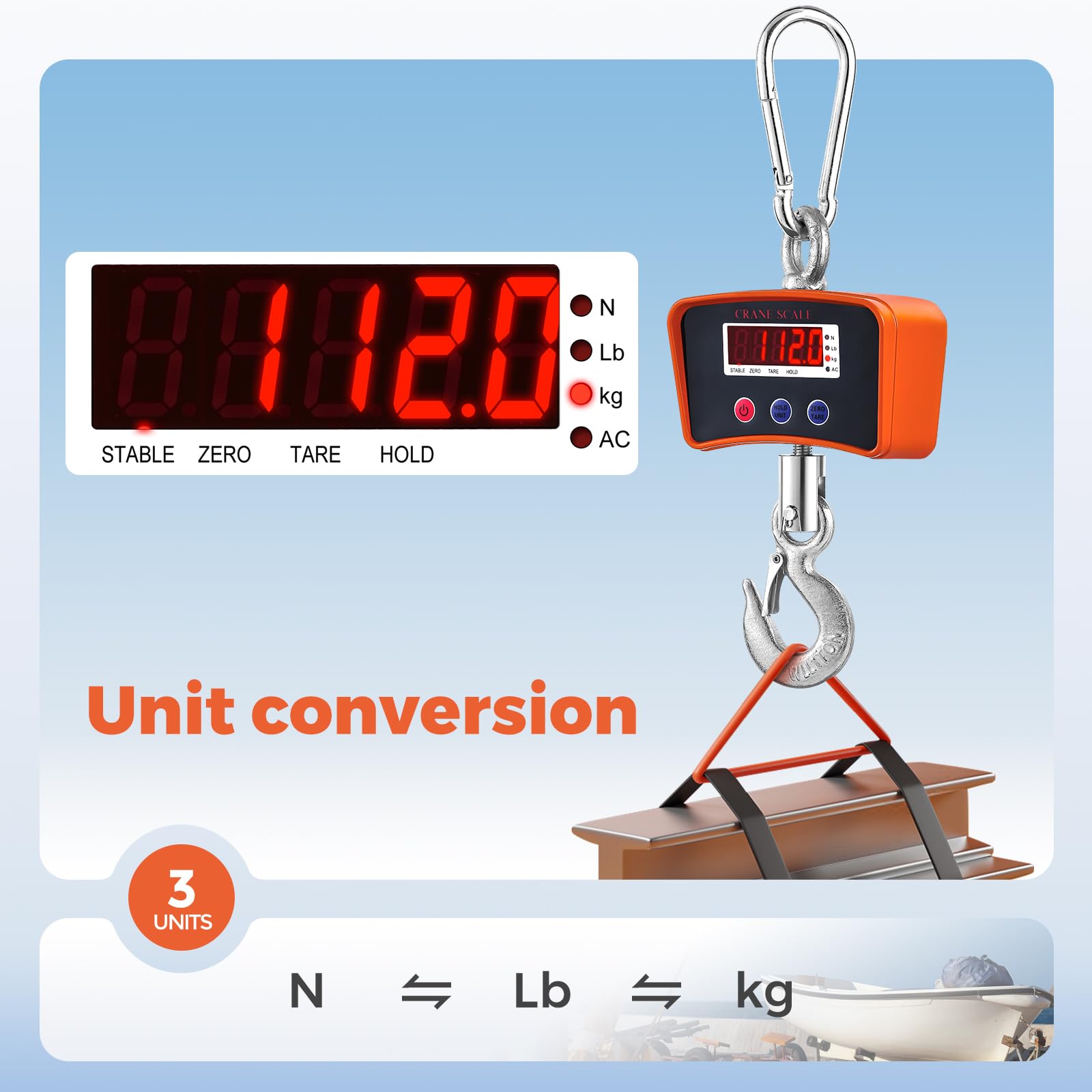 Bonvoisin Báscula colgante 2200lbs/1000kg, báscula digital, báscula industrial recargable de alta resistencia, legibilidad de 0,44 lbs/0,2kg con 3 unidades de peso para agricultura (EU)