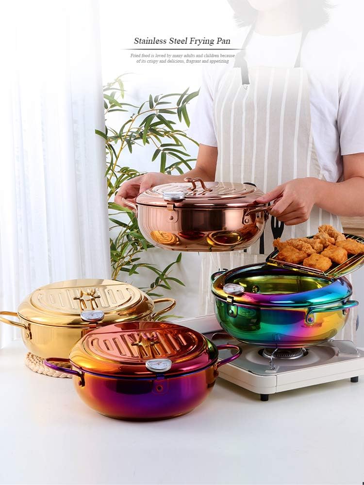 Stainless Steel Deep Fryers Tempura Frying Pot With Thermometer Oil Fryer Chicken Wings, French Fries Dust-Proof Lid and Oil Drip Rack for Kitchen Cookingil Drip Rack for Kitchen Cooking-Gold