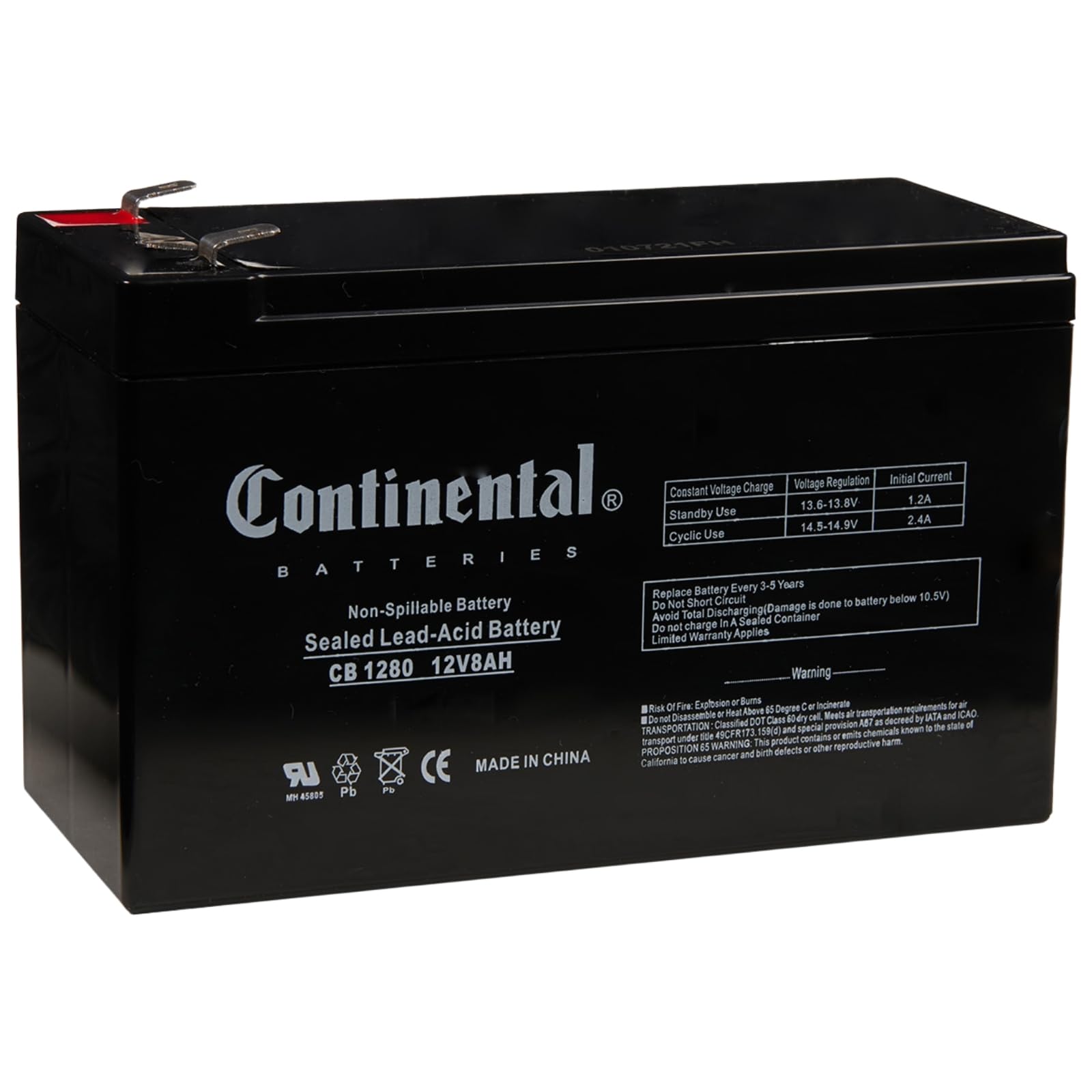 Continental CB1280-F2 SLA AGM Rechargeable Battery, 12V 8Ah T2/F2 Terminals