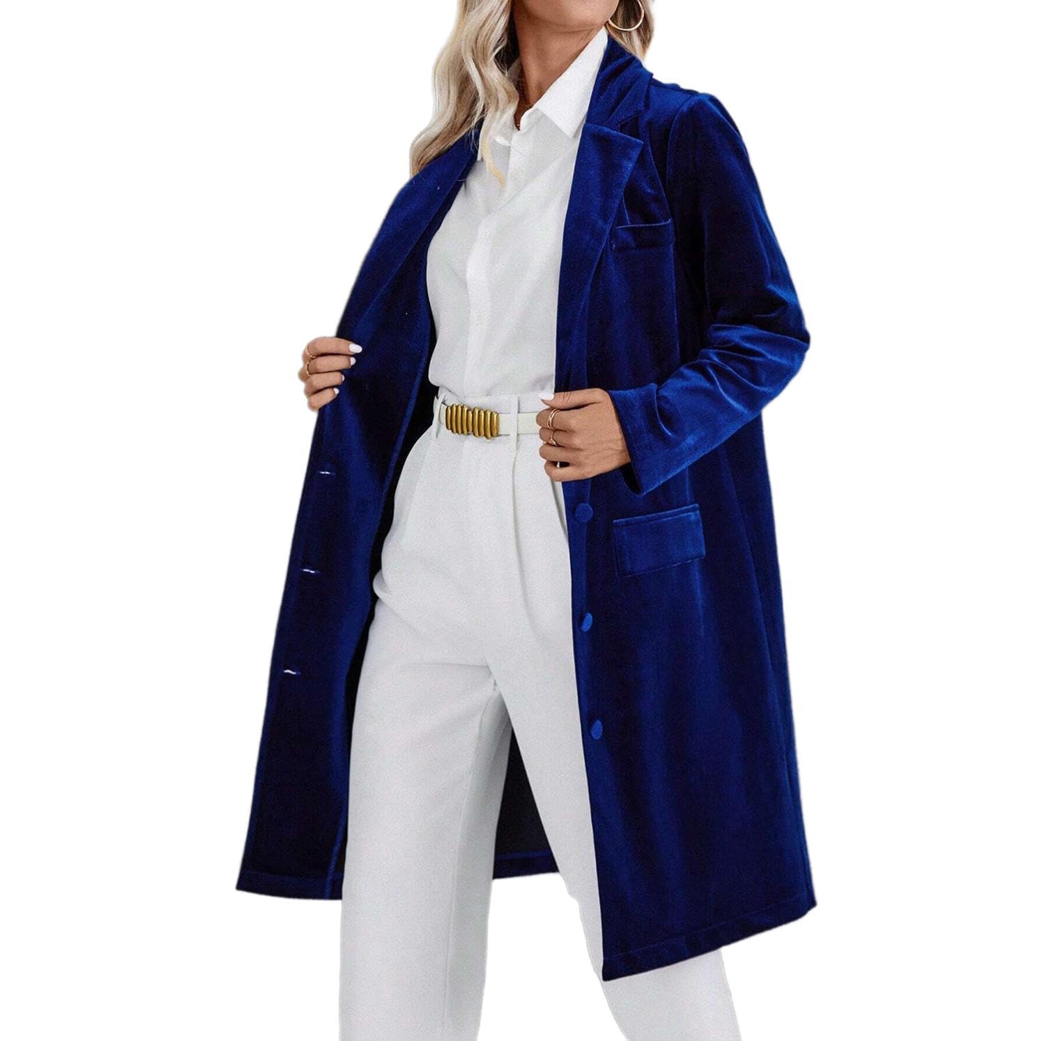 Womens Velvet Lapel Long Sleeve Casual Single Breasted Suit Long Jacket Coat