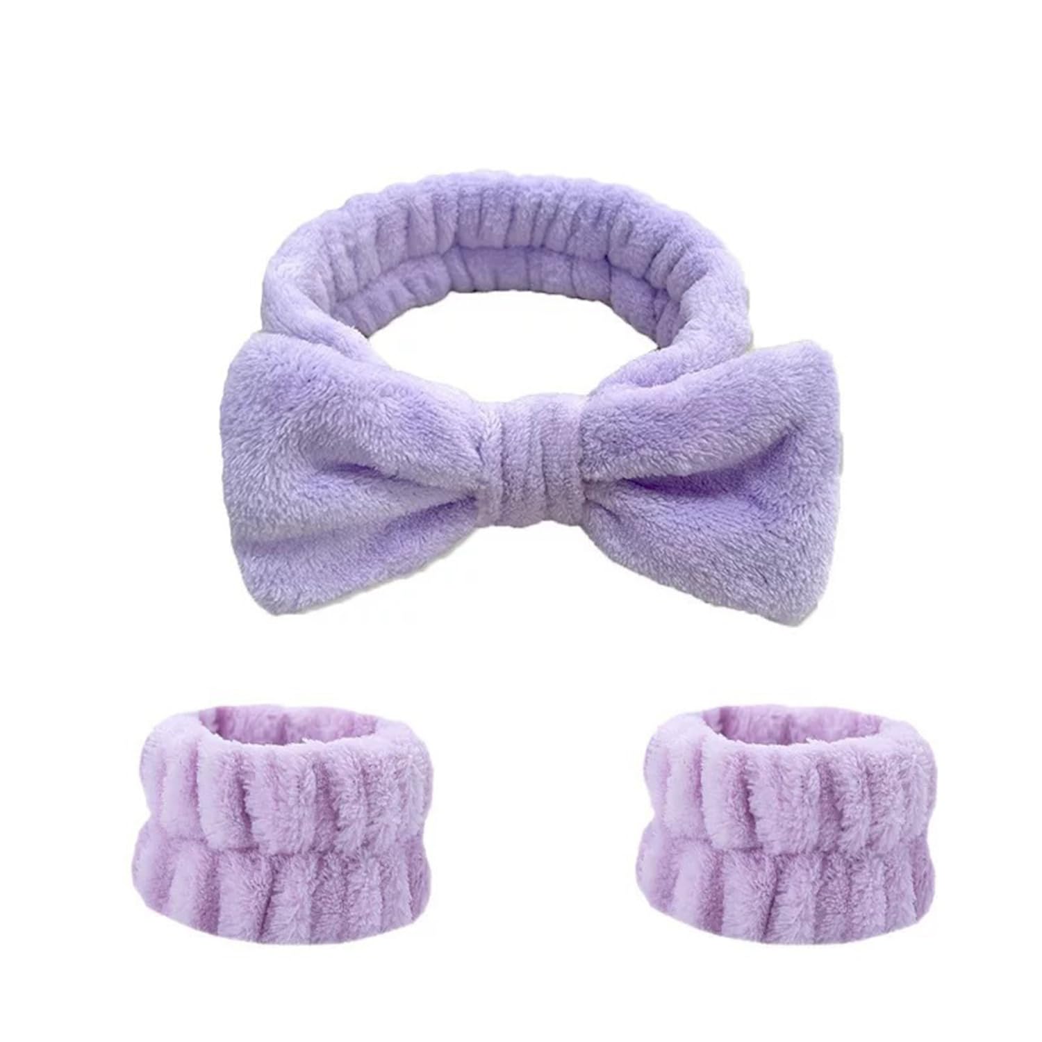 Soft Bow Headband & Wristband Set for Women – Plush Spa Headband for Face Wash, Makeup & Skincare, Stretchable Microfiber Hair Band with 2 Absorbent Wrist Bands (3 Piece Set) (Purple)-image-40