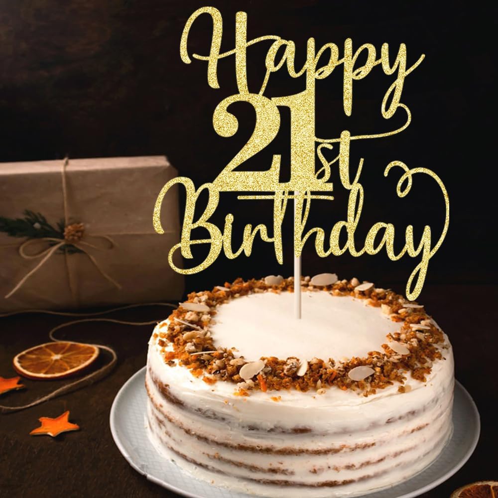 Happy 21th Birthday Cake Topper, Cheers to 21Years Birthday, Gold Glitter 21 Birthday Party Cake Decoration Supplies (21)