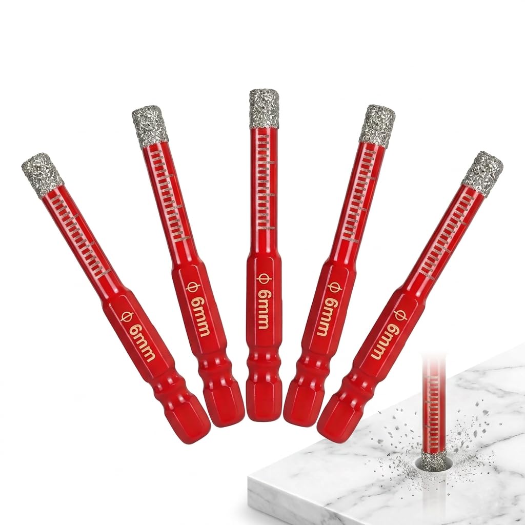 5 Pcs 6mm Diamond Drill Bits Set, Dry Porcelain Tile Drill Bit with Hex Shank for Granite, Ceramic, Marble Stone and Glass, Durable Diamond Tipped Drill Bits