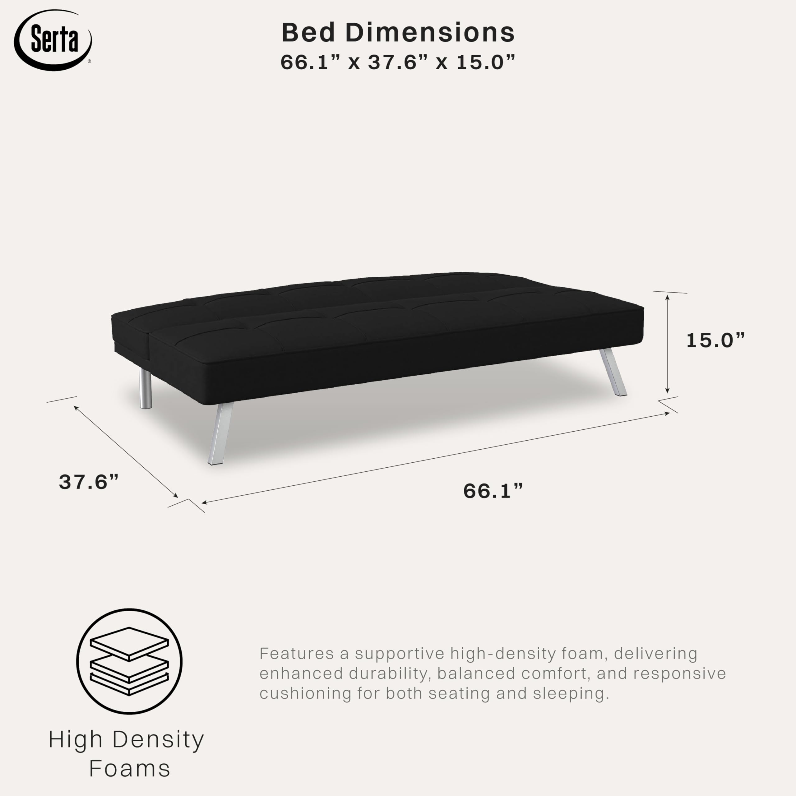 Serta® Rane Futon Sofa Bed 66.1", 3-in-1 Convertible Couch Sleeper for Small Spaces, Tufted Back, Twin Size Guest Bed, Black Woven Fabric