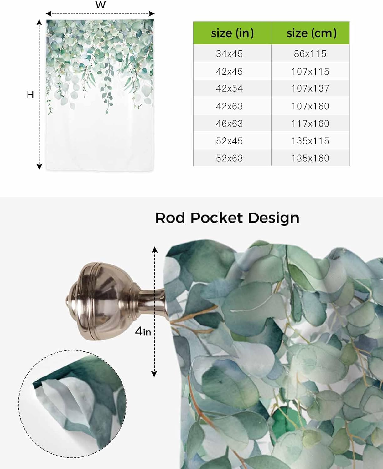 Eucalyptus Sage Green Tie Up Curtains for Kitchen Bedroom Living Room Windows, Adjustable Tie-Up Shade Rod Pocket Curtain Valance Drape Vintage Spring Summer Plant Leaves 1 Panel, 52" x 63"